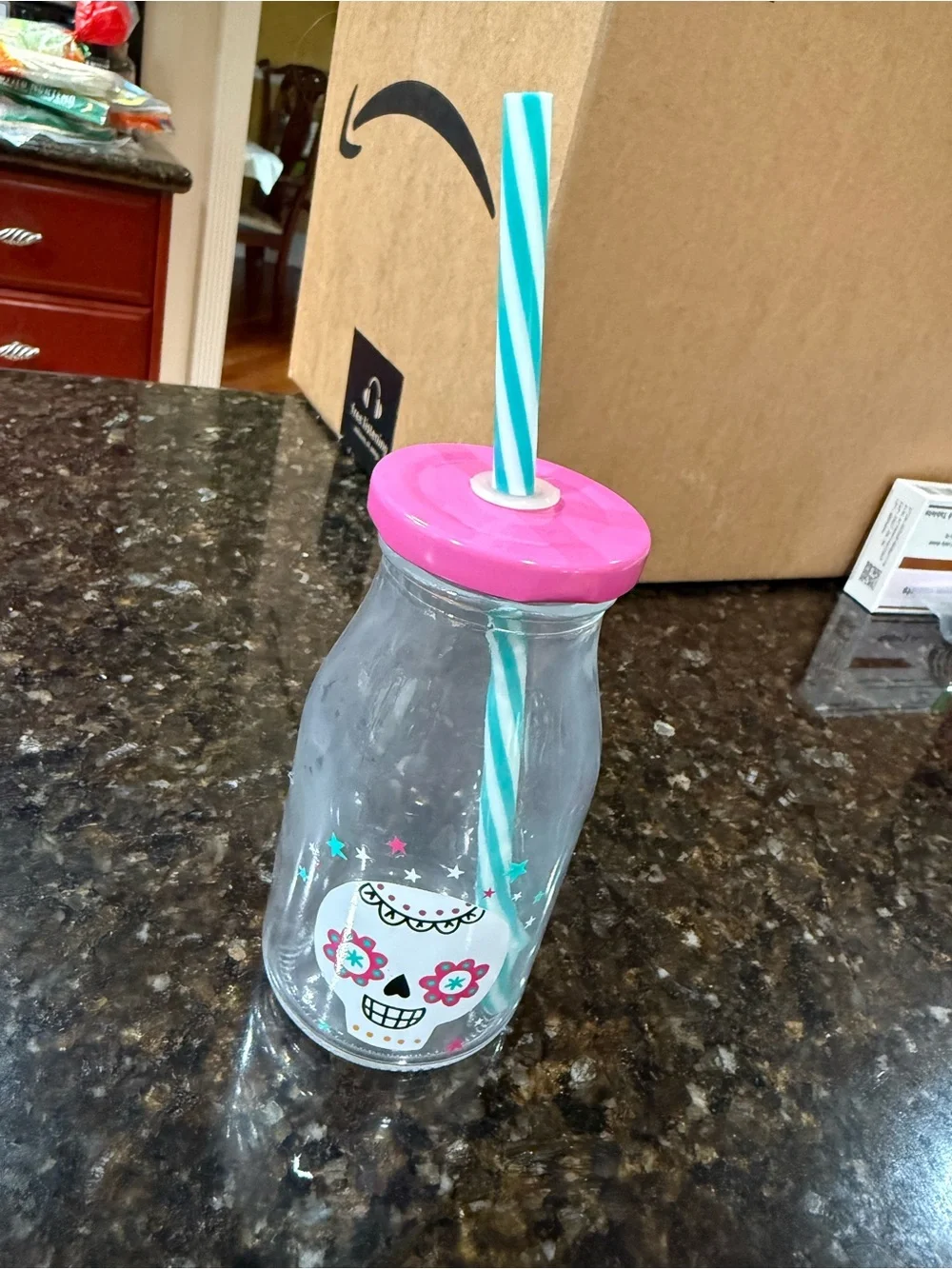 Pink & Turquoise Day of the Dead Small Glass Bottle w/ Striped Straw